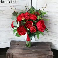 JaneVini Vintage Vermelho Bouquet De Noiva Peônia Subiu 2018 Casamento Da Noiva Buquê De Flores De Seda Noivas Titular Bouquets De Casamento Ramo De Novia Rojo