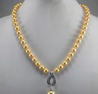 Livraison gratuite prix d'usine en gros / détail noblesse 8mm collier de perles de coquille jaune + 14mm coquille perle pendentif cadeau livraison gratuite