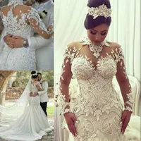 Elegante alta Floral Neck Mermaid Wedding Dresses Lace Illusion Beads manga comprida Africano Plus Size Bridal Vestido de Noiva Vestido New Arrival