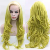 Fantasy Beauty Long Wavy Ombre Lace Front Wig White Roots Ombre Yellow Green Synthetic Heat Resistant Full Wigs