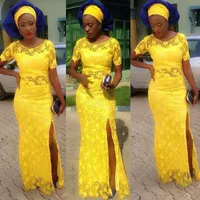 Sirena amarilla africana Vestidos de baile Nueva manga corta de encaje Escote redondo Parte lateral Negro Chica Vestido de noche formal Vestidos de fiesta