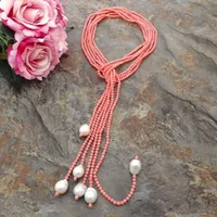 Charmig 3Strands halsband 4mm rosa korall och vit sötvatten odlad pärla 127 cm mode smycken