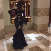 Vestidos de noite de penas pretas de luxo com mangas compridas puro champanude árabe vestidos de noite tule sereia vestidos formais vestidos plus size
