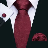 Fast Shipping Mens Tie Wine red paisley Polyester Jacquard Woven tie Set Handkerchief Cuffs Fashion Wholesale Meeting Business Party N-5068