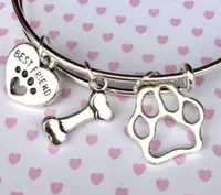 Vintage Silver Cat Dog Paw Prints Heart Bone Charm Expanderbar Wire Armband Bröllopsbröllop Bangles För Kvinnor Smycken Gåva Nya Tillbehör NE