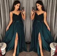 2019 Eleganckie suknie wieczorowe A-Line Blackish Green High Split Cutlout Side Cutle Slit Lace Top Sexy Arabski Sweep Pociąg Formalne Prom Prom Dresses