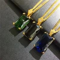 Men Women Charm Gem Square Pendant Necklaces Fashion Green Blue Black Crystal Design 18k Gold Plated Chain Hip Hop Jewelry