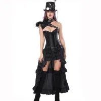 Corzzet Sexy Burlesque Steampunk Black Leder Corset Kleid Überbust Korsetts und Bustiers mit entlagten Rock