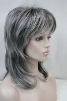 새로운 여성의 가발 중간 길이 회색 계층 어깨 긴 합성 머리 전체 가발