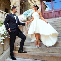 Branco alta baixo vestidos de casamento sem mangas hierárquico plissado vestidos de noiva de volta zipper espaguete custom made vestidos de casamento simples