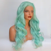 20-24 '' Pastel Verde Bouncy Curly Curly Lace Sintetic Front Wig Peruca Longo Soft Feminino Penteado Calor Resistente ao Calor Fibra Cabelo