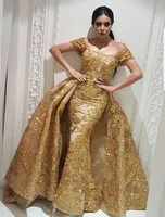YOUSEF ALJASMI Evening Wear Dresses Mermaid Prom Klänning Med Guld Sequins Spets Avtagbar Overskirt Tåg Sparkly Dubai Arabiska Tillfälle Klänningar