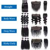 10A Straight Brazilian Human Hair Bundles With Lace Frontal 100% Unprocessed Body Wave Virgin Closure Deep Kinky Curly Weft Extensions Pre Plucked for black women