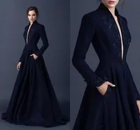 Elegant Long Evening Dresses Plunching V Neck Long Sleeves Embroidery Beaded Sweep Train Formal Party Prom Gowns Dresses With Pocket BA9490