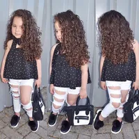 3 Sztuk Toddler Baby Girl Clothing Sets Dot Off Ramię T-Shirt Top + Ripped Jeans Spodnie Odzież dziecięca Set