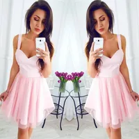 2018 Pink Sexy Spaghetti Straps A-Line Homecoming Dresses Chiffon Sweetheart Sleeveless Knee Length Cocktail Dresses Cheap Short Prom Dress