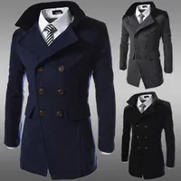 fashion 2016  winter long trench coat men good quality double breasted wool blend overcoat for men size 3xl