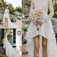 2018 Modest High Low Wedding Dresses Broderi Juvel Neck Sweep Train Long Illusion Sleeves Organza Country Garden Bröllopsklänning