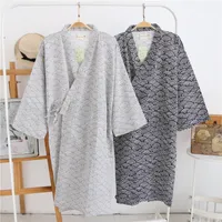 Wholesale-lovers Simple Japanese kimono robes men spring long sleeved 100% cotton bathrobe fashion casual waves dressing gown for male