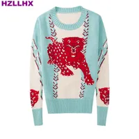 Hzllhx Kobiety i mężczyźni Unisex Jesień Sweter Leopard Jacquard Haft Blue Grey Sweter Woman Knit Top Długi Rękaw Wełna Jumper