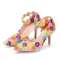 Nuova estate elegante scarpe a punta per le donne multi pizzo fiori tacco alto scarpe da sposa tacchi spessi di cristallo sexy Plus Size scarpe da lavoro