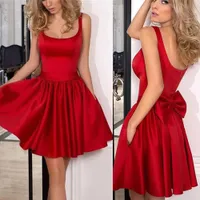 Новые красные короткие домохозяйственные платья атласных лук с глубоким квадратным шею выпускного вечера Платье формального случая Носить BA9984