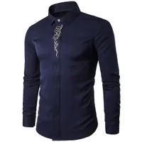 Vintage Erkekler Gömlek Çiçek Baskı Çin Tarzı Olgun Adam Ofis Gömlek Koyu Mavi Erkek Blusa Düğün Giyim 2018 Sıcak Satış Boy Bluz