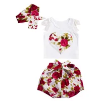 Niños infantiles bebé niñas niños 3pcs conjunto de encaje flor corazón patrón ropa ropa de algodón diadema + camiseta de encaje + pantalones florales