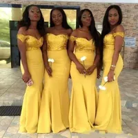 2022 Nuevos vestidos de dama de honor africano amarillo Vestidos de dama de hombros con lentejuelas Satén Bodas Bodas Vestidos Formales Gown Maid of Honor Vestido