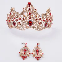 Red and Dark Green Crystal on Gold Crown Elegant Bridal Hair Accessories with Earrings Princess Crown Vintage Girls Headpieces