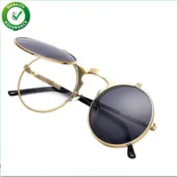 Luxo Designer Sunglasses vintage rodada flip up óculos de sol para homens Mulheres Juniors John Lennon Estilo Círculo Sun Óculos Steampunk Presente