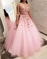 2019 rose roze baljurk quinceanera jurken v-hals 3d bloemen kant applique kralen backless sweep trein zoete 16 partij prom avondjurken