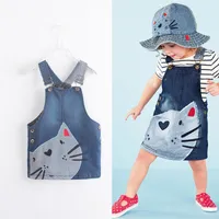 1 ADET Bebek Kız Çocuklar Kedi Denim Tulum Yeni Moda Diz Boyu Elbiseler Parantez Giysileri 2-7Y