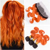 ＃1b /オレンジ色の全ブラジル人の髪の束のボディーウェーブの波状の前の黒とオレンジ色のオムレの正面が付いている髪の織り