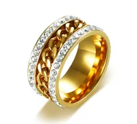 Titan stål ring högkvalitativ guldfärg kristallringar kedja dekorerad rostfritt stål ring roterbar US storlek # 7-12
