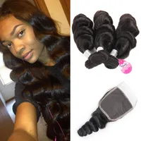 Brazilian Loose Wave Bundles with Closure Unprocessed Brazilian Virgin Loose Deep Wave Bundles with Closure Free Middle 3 Part Human Hair We