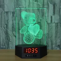 Little Bear 3D Illusione Luci notturne LED 7 Cambiamento colore Cambio Desk Lamp Orologio Funzione Bambino Giocattolo regalo per bambini # R45