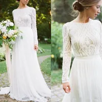 2019 Cheap Bohemian Country Wedding Dresses With Long Sleeves Bateau Neck A Line Lace Applique Chiffon Boho Bridal Gowns Cheap