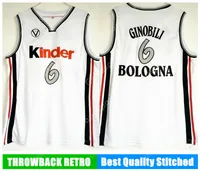 Kinder Bologna Manu Ginóbili Ginobili 6 Jersey Mens Europa Basketbal Wit Vintage Stitched Shirt Classic Top