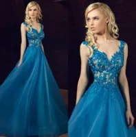 Tony Chaaya 2020 Prom Dresses V-hals Kant Applicaties Blauwe Jurk Evening Slijtage Aangepaste Beaded Sheer Sweep Trein Speciale gelegenheden Jurk