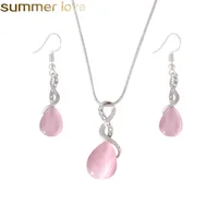 Nieuw ontwerp roze opaal ketting oorbellen en ring sieraden set natuurlijke edelsteen water drop ketting oorbel set sieraden voor vrouwen