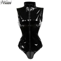 Seksi Siyah PVC Bodysuit Fermuar Lateks Wetlook Catsuit Gotik Faux Deri Tulum Kadınlar Fetiş PVC Teddy Clubwear Kostüm Y18101601