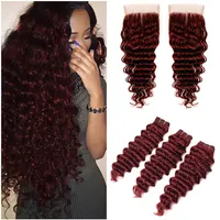 Diepgolf Braziliaanse wijn Rood Menselijk Haarbundels met Top Sluiting Gekleurde # 99J Bourgondië 4x4 Kantsluiting met Virgin Hair Weave Bundels