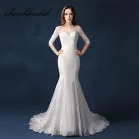 Real Image Classic Mermaid Wedding Dresses 2019 Fall Winter Elegant Half Illusion Sleeve Lace O-neck Floor Length Button Bridal Gowns SW093