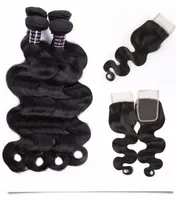 Fala wodna Ludzkie wiązki włosów 3 sztuk z koronkowym zamknięciem norek brazylijski prosty strumień naturalny czarny kolor splatają głębokości dla kobiet dziewcząt w każdym wieku