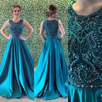 2019 Sexy Hunter Green Evening Dresses Jewel Neck Bling Crystal Beaded Satin Long Sweep Pociąg Plus Size Custom Party Dress Formalne Suknie Prom