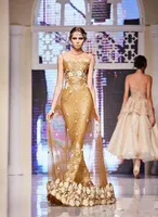 Złote sukienki wieczorowe zużycie cekinę Syrenka Sheer Jewel Dekolt Party Suknie Wieczorowe 3D Aplikacje Długość Formalna Prom Dress Elie Saab