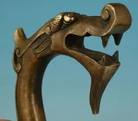 YM 308ブロンズピュア銅真鍮グランドパンラッキー中国の古い手作り刻まれたドラゴン像杖歩くスティックヘッド