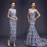 2020 핫 판매 자수 전통 중국 치파오 여성 긴 정장 드레스 섹시한 이브닝 드레스