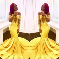African Black Girl Yellow Prom Dresse 2019 à l'épaule Sheer Manches longue Manches Vintage dentelle élégante sirène célébrité robes de soirée BA7903